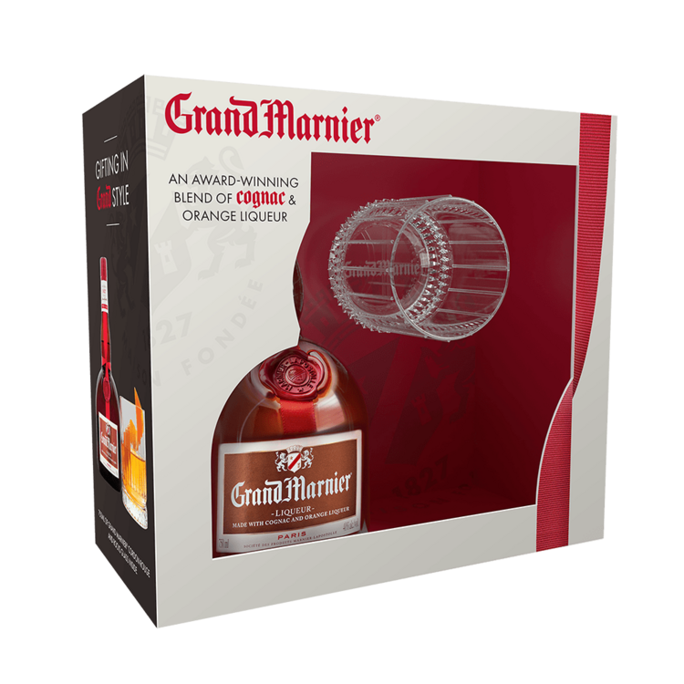 GRAND MARNIER COGNAC & ORANGE LIQUEUR CORDON ROUGE 80 W/ ROCKS GLASS 750ML