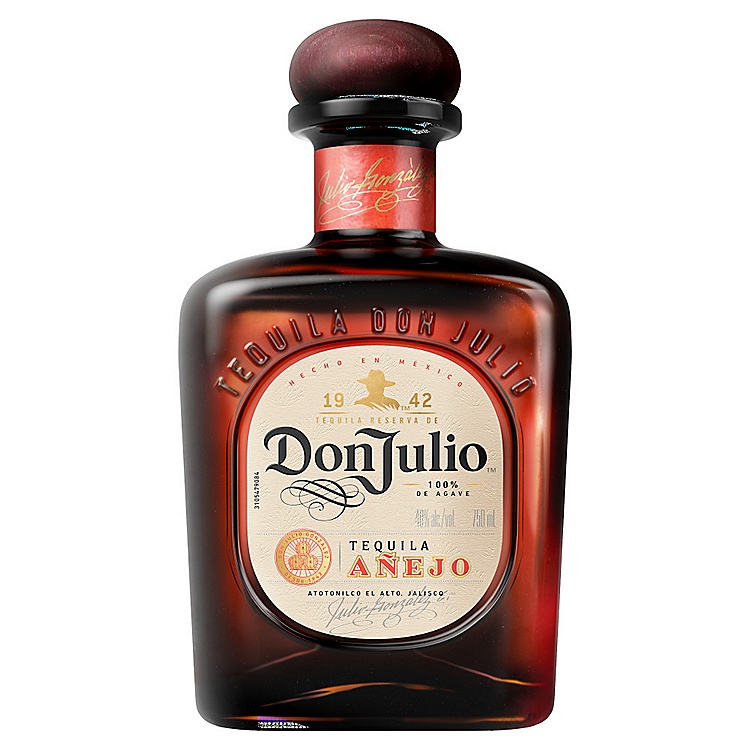 Don Julio Anejo Tequila in a tall rounded dark amber glass bottle with a deep red wax cap, an embossed 1942 crest, and a cream label reading Don Julio Tequila Anejo, aged 100% blue agave