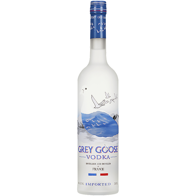 Grey Goose Vodka Original in a tall frosted clear glass bottle with a blue cap and blue label featuring flying geese over a mountain river scene and GREY GOOSE VODKA lettering, distilled and bottled in France