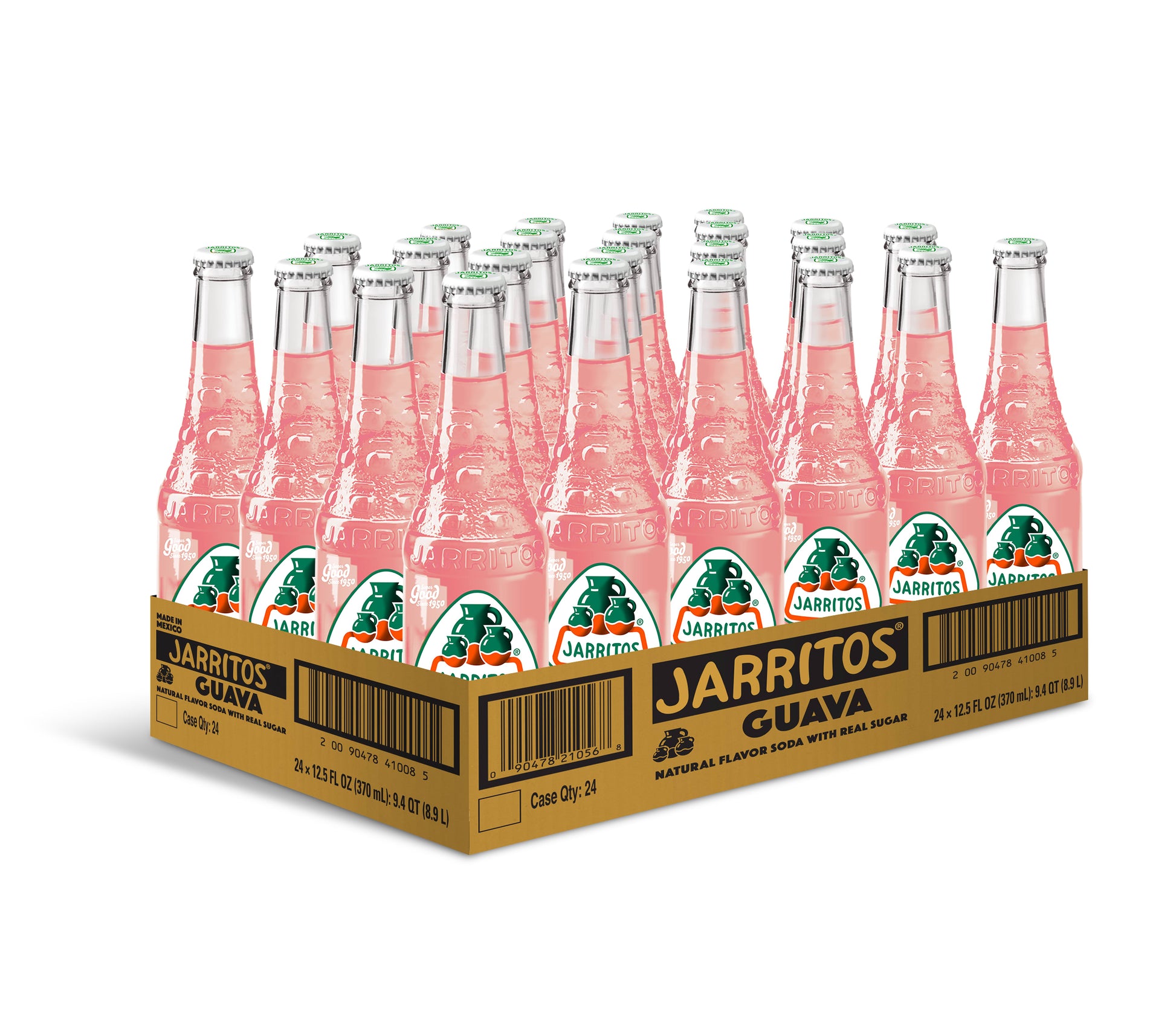 A case of Jarritos Guava soda bottles arranged in a cardboard holder, with the product name and brand prominently displayed.
