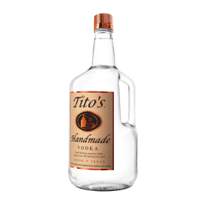 Tito's Handmade Vodka in a 1.75 liter glass bottle with a built-in carry handle and the classic Tito's gold label