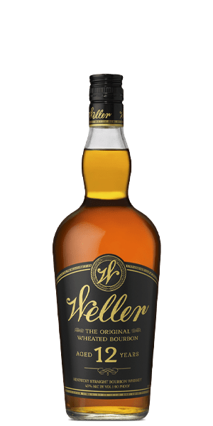 W.L. Weller 12 Year Old Kentucky Straight Wheated Bourbon in a 1 liter bottle with a black and gold Weller label reading Aged 12 Years over deep amber bourbon