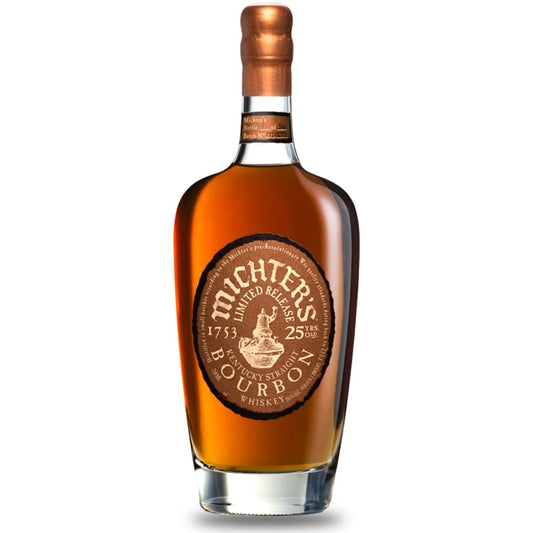 Michter's 25 Year Old Limited Release Kentucky Straight Bourbon Whiskey in a 750ml bottle with a copper capsule top and round 1753 medallion label over deep amber bourbon
