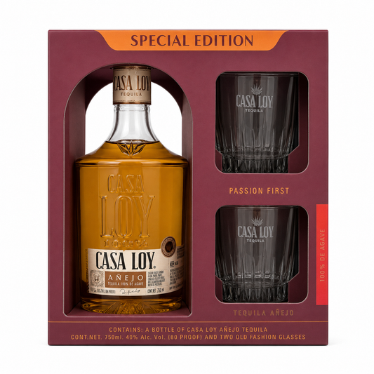 Casa Loy Anejo 100% Agave Tequila Gift Set with 2 Glasses 750ML