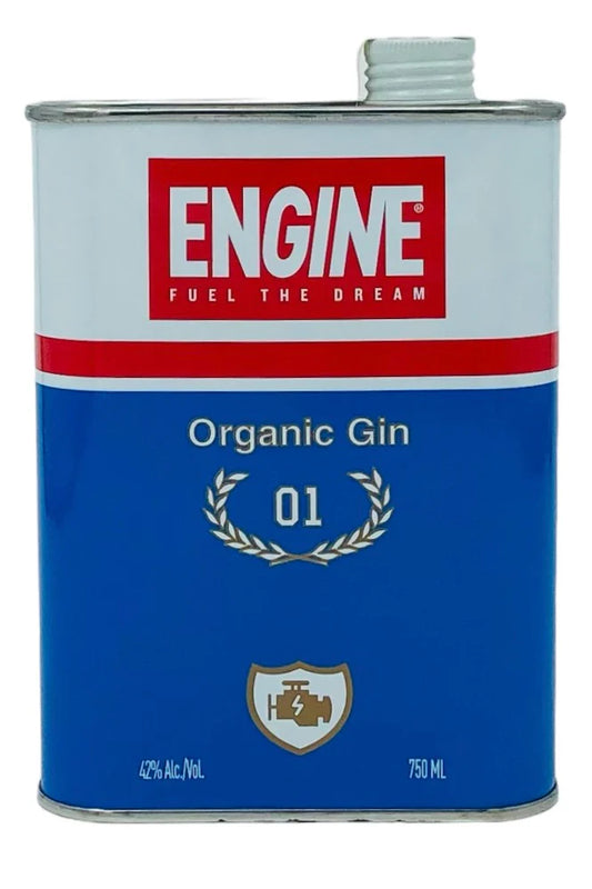Engine Organic Gin in a distinctive motor-oil-can-style metal tin with a red and white 'ENGINE Fuel the Dream' logo and blue body labeled Organic Gin 01