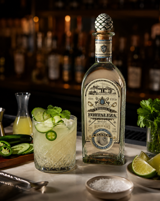 Bottle of Fortaleza Blanco Tequila on a bar beside a cucumber and jalapeno margarita cocktail with lime and salt