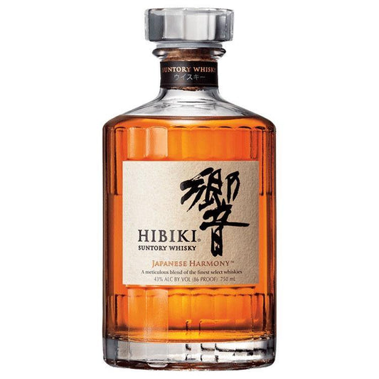 Hibiki Japanese Harmony Suntory Whisky in a distinctive 24-faceted clear glass bottle of amber whisky with a textured washi paper label and HIBIKI lettering