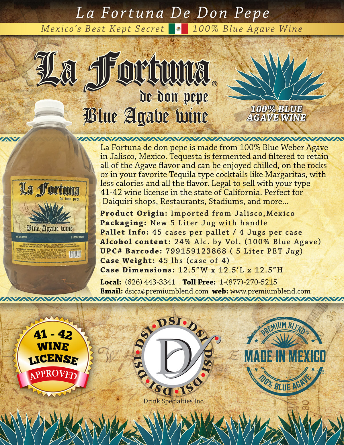 La Fortuna de Don Pepe (24% ABV) (4/5 Liters total 20 liters) - Gold Tequila