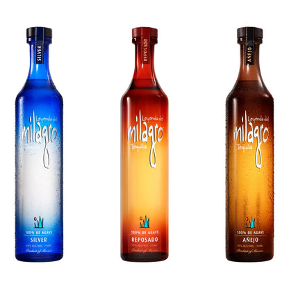 Three bottles of Milágrio tequila in silver, reposado, and anejo on a white background.