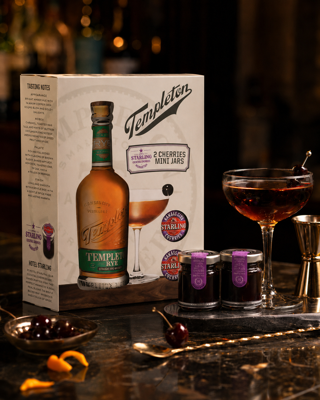 Templeton 4 Year Rye Whiskey with Starlino Cherries 750ml, The Cocktail Kit Iowa Made Famous