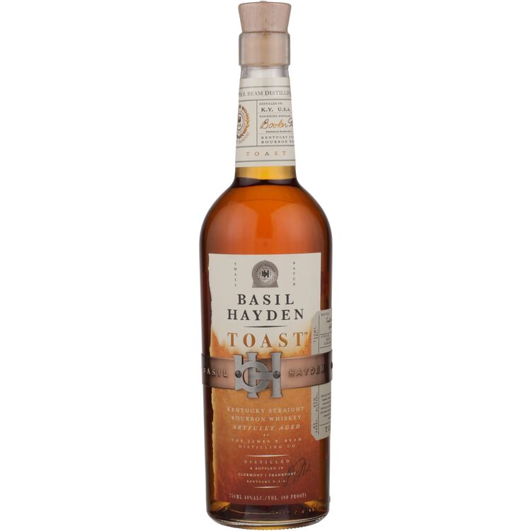 A bottle of Basil Hayden's Straight Bourbon Toast Small Batch 80 whiskey with a 750ml label, cork closure, and a clear glass container.
