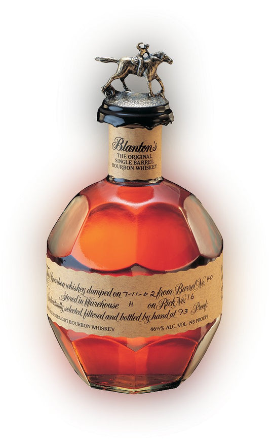Blanton's Single Barrel Original Bourbon 750ml in its rounded bottle topped with the signature racehorse and jockey stopper
