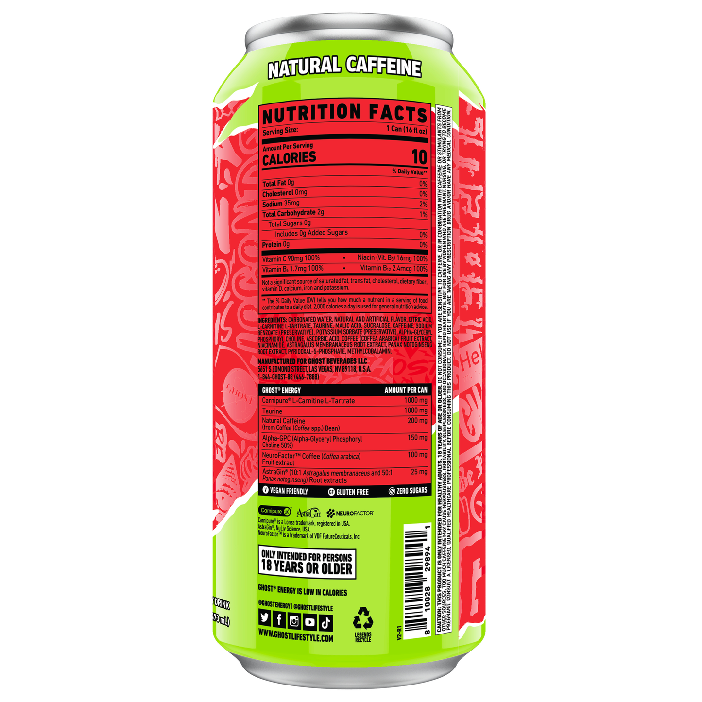 Ghost Zero Sugar Energy Drink, Cherry Limeade, 16 fl oz can