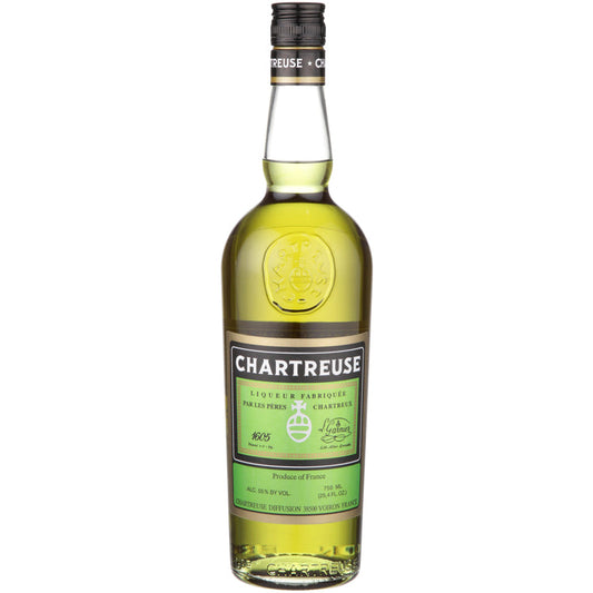 Bottle of Green Chartreuse Herbal Liqueur 750ml showing its natural yellow-green color and the classic Carthusian monks Chartreuse label