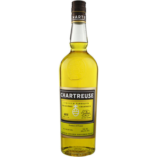 Yellow Chartreuse Herbal Liqueur in a 750ml bottle showing the bright golden-yellow spirit and the white Chartreuse label made by the Carthusian Monks of France
