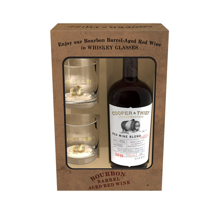 COOPER & THIEF RED WINE BLEND BOURBON BARREL AGED CALIFORNIA 2019 W/ 2 ROCK GLASSES 750ML