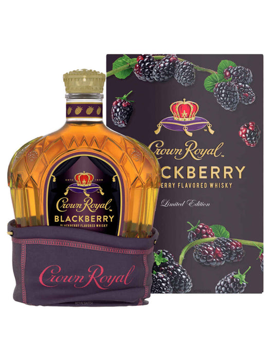 Crown Royal Blackberry Canadian Flavored Whisky bottle in its signature purple felt drawstring bag, shown beside the blackberry-decorated Limited Edition gift box