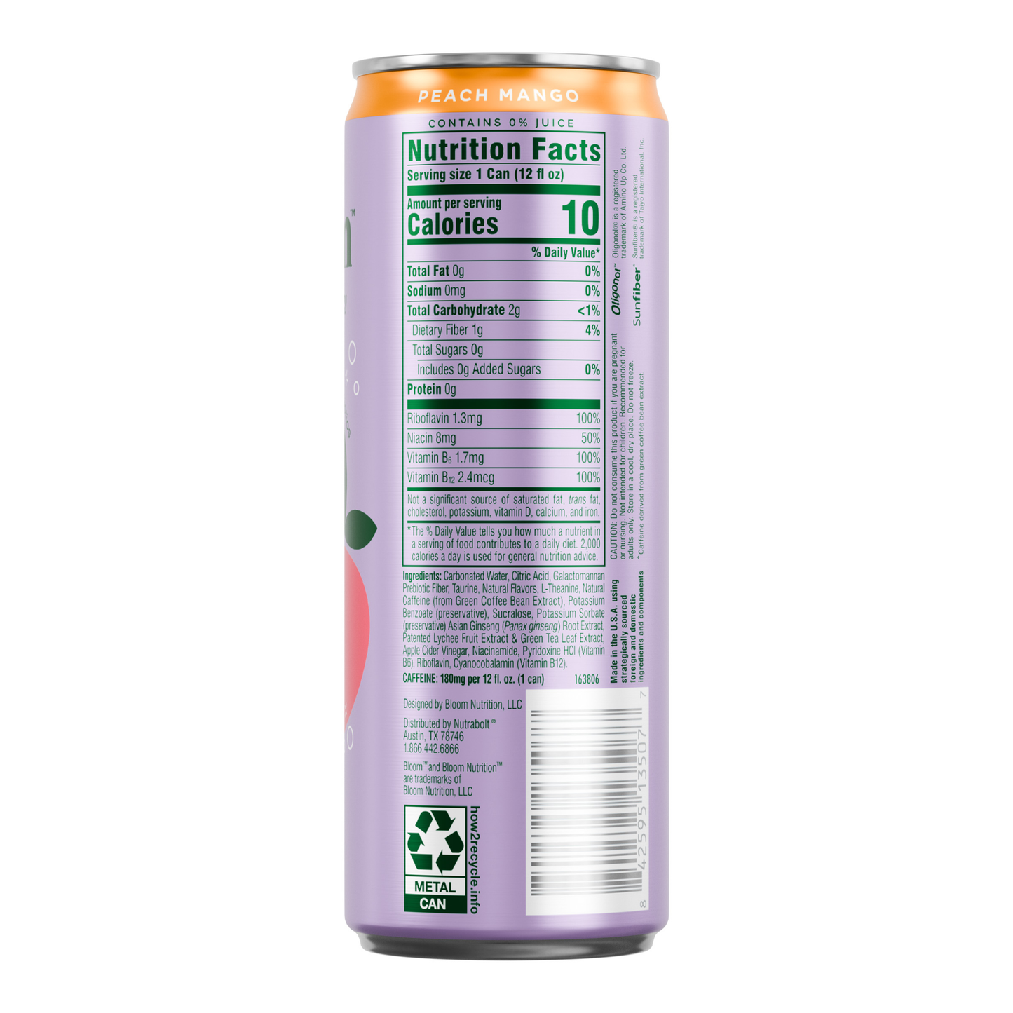 Bloom Peach Mango Sparkling Energy Drink, 12 fl oz can