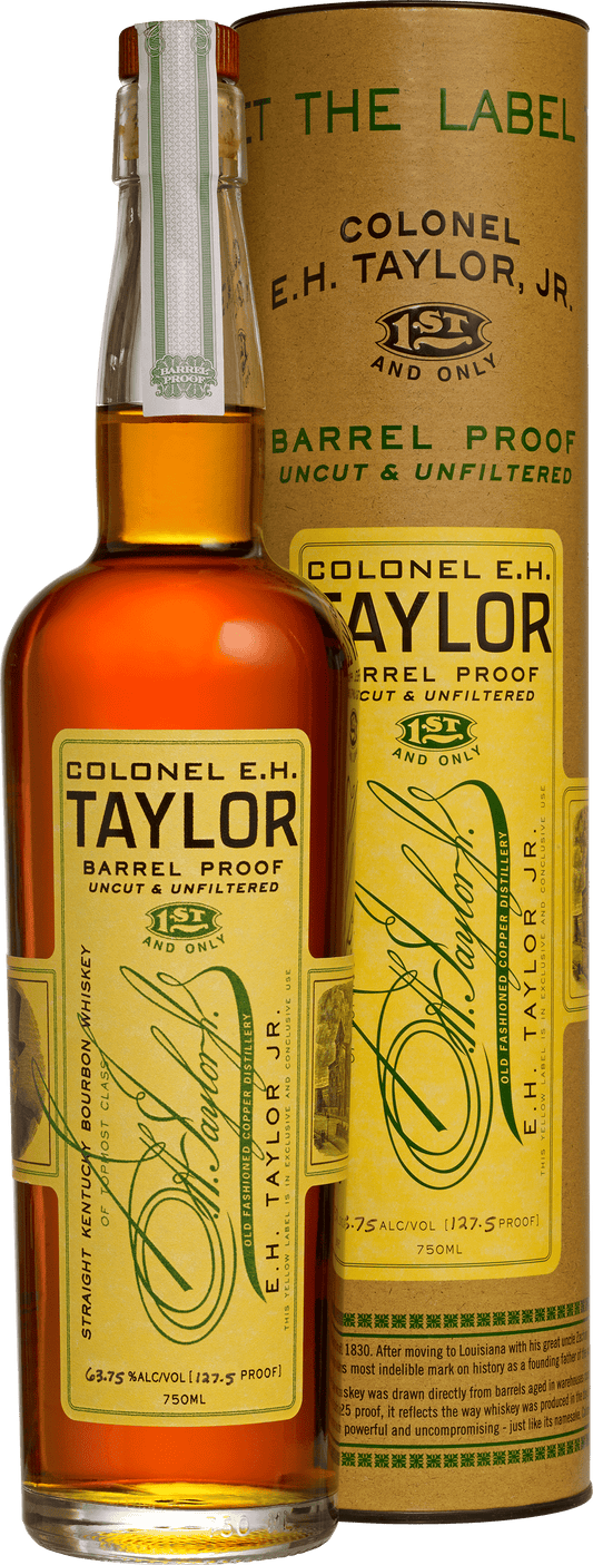 Colonel E.H. Taylor, Jr. Barrel Proof Uncut & Unfiltered Kentucky Straight Bourbon Whiskey 750ml bottle beside its branded tube canister