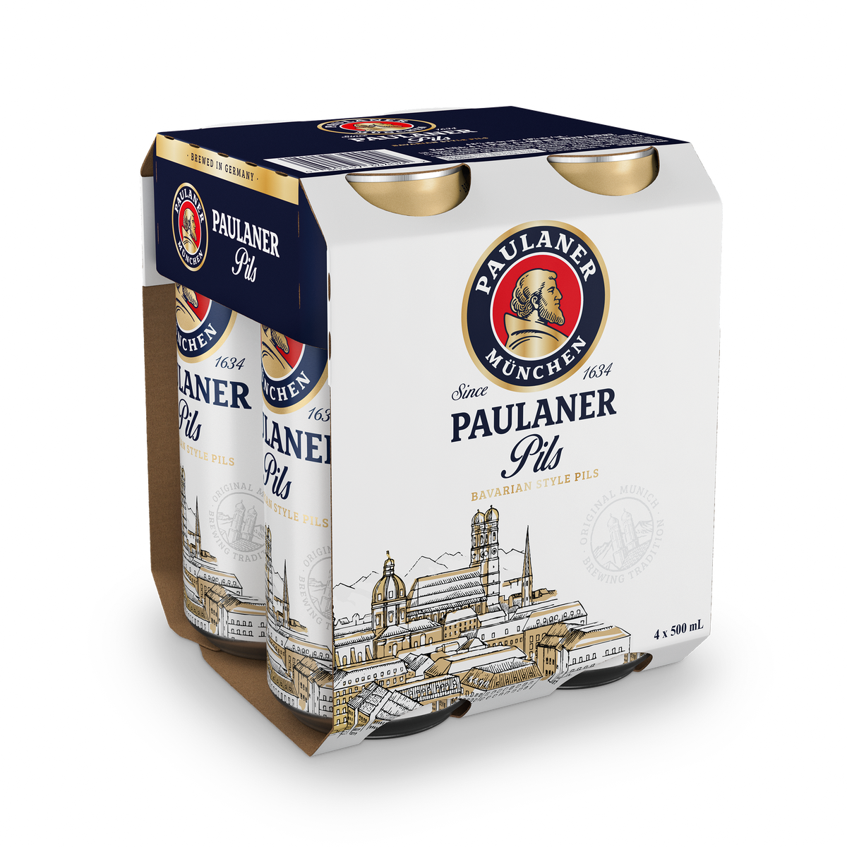 Paulaner Pils four-pack 500 mL cans, US pack front