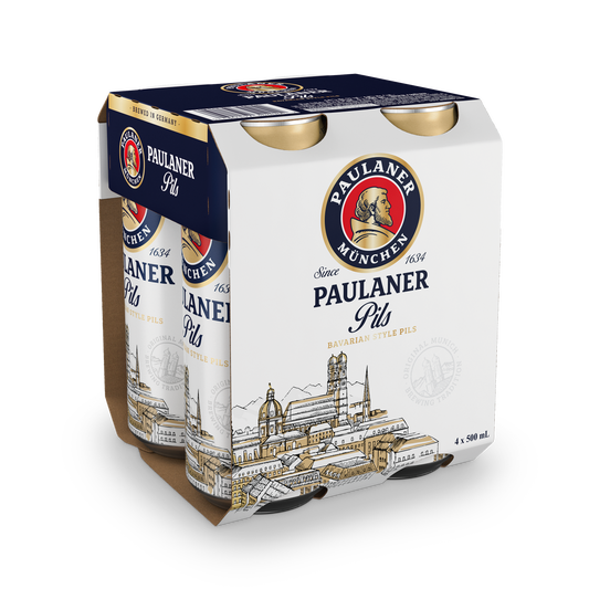Paulaner Pils four-pack 500 mL cans, US pack front