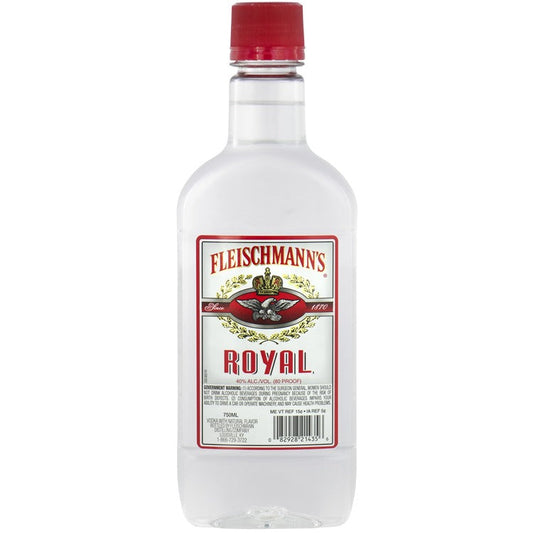 Fleischmann's Royal Vodka in a clear 750ml bottle with a red screw cap and the red, white and gold Fleischmann's Royal label, an 80 proof American vodka