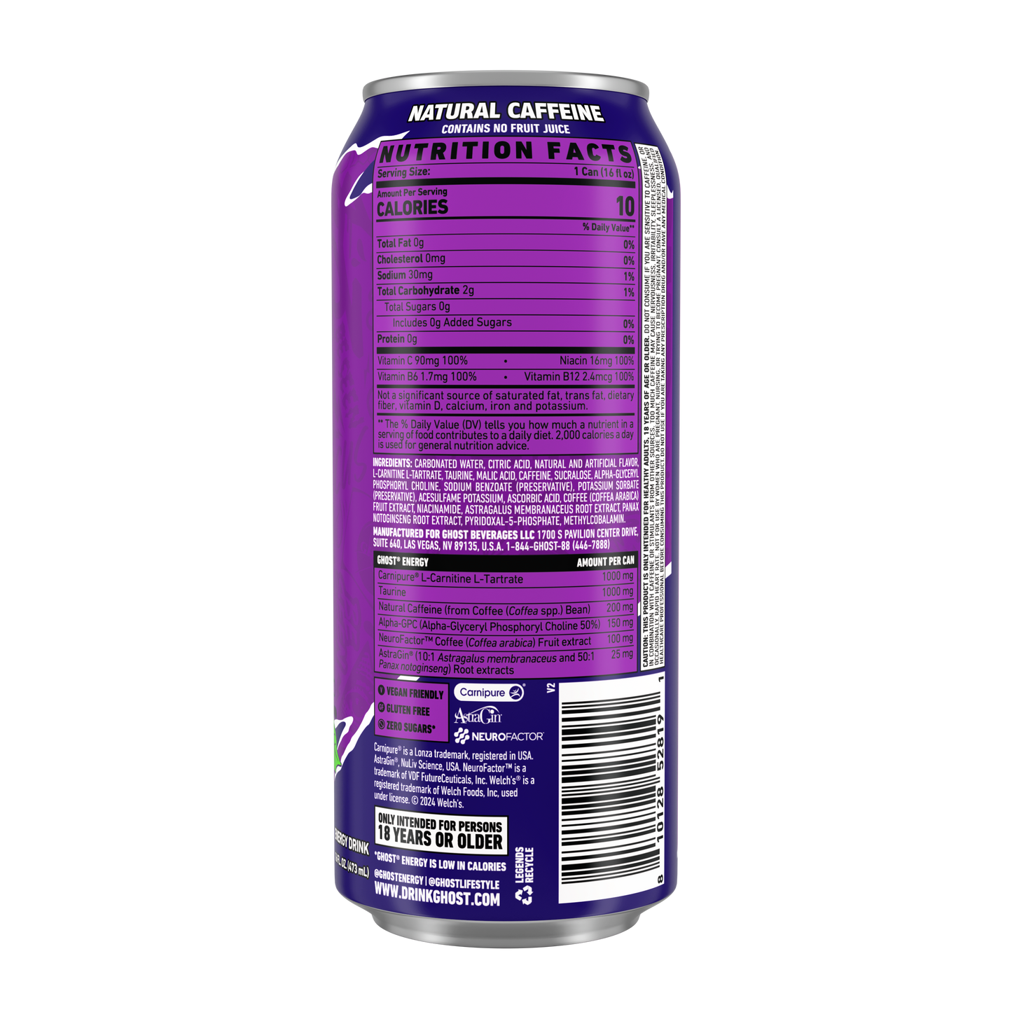 Ghost Zero Sugar Energy Drink, Welch's Grape, 16 fl oz can