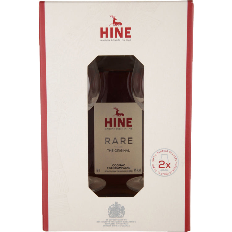 HINE FINE CHAMPAGNE COGNAC VSOP RARE THE ORIGINAL 80 W/ 2 ROCKS GLASSES 750ML