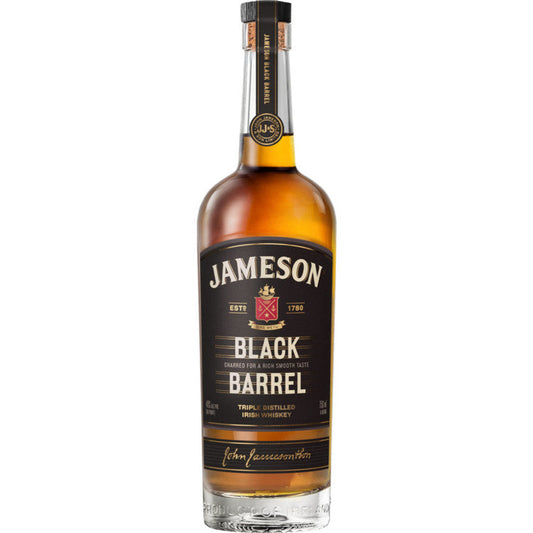 Jameson Black Barrel Select Reserve Irish Whiskey in a tall clear glass bottle of amber whiskey with a black cap and a dark brown label with gold Jameson Black Barrel lettering and a crest