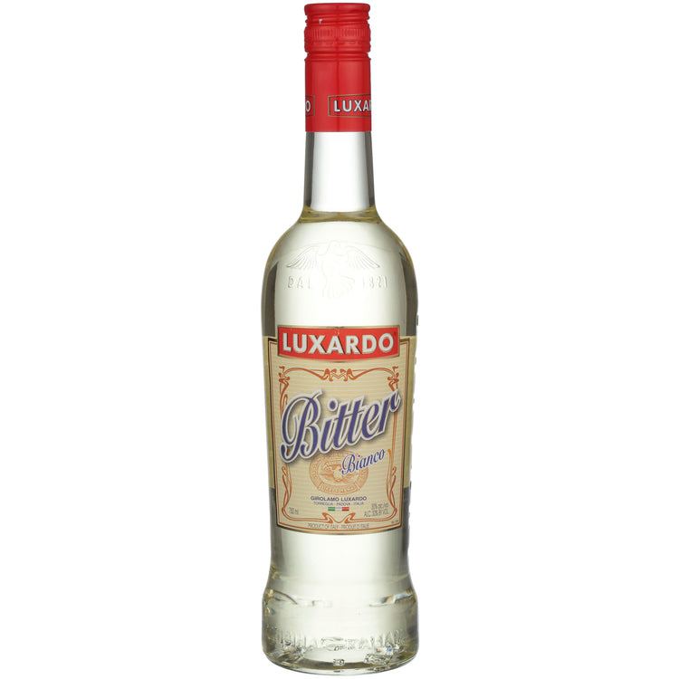 A bottle of Luxardo Aperitif Bitter Bianco 60 750ml with a white label and red cap.
