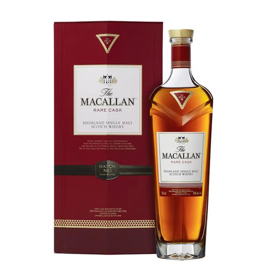 The Macallan Rare Cask Highland Single Malt Scotch Whisky 750ml bottle shown beside its burgundy presentation box