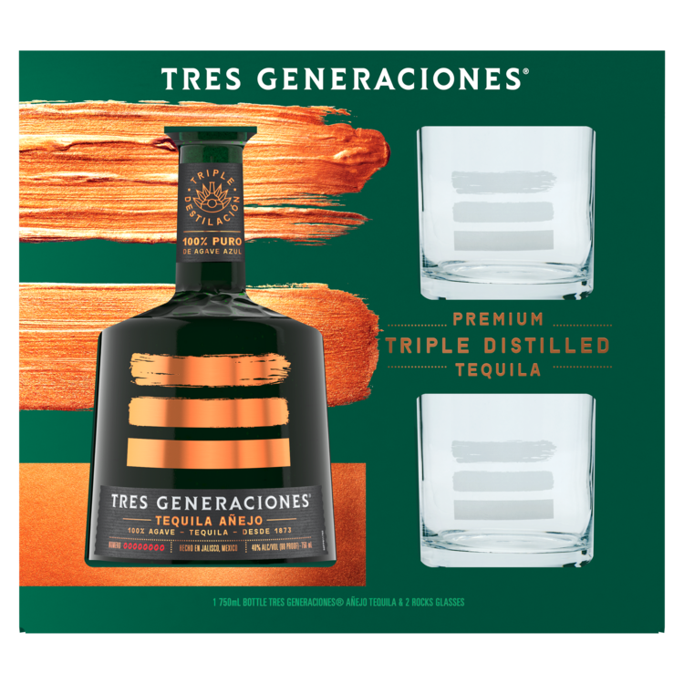TRES GENERACIONES TEQUILA ANEJO 80 W/ 2 ROCKS GLASSES 750ML