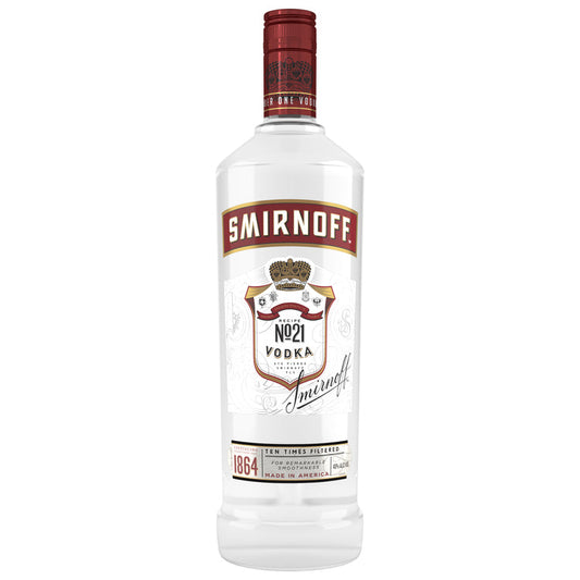 Smirnoff No. 21 Vodka 80 proof in a clear 750ml glass bottle with the red and white Smirnoff label