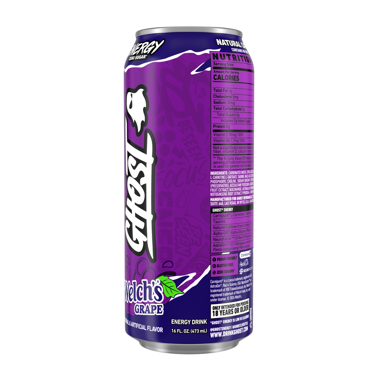 Ghost Zero Sugar Energy Drink, Welch's Grape, 16 fl oz can