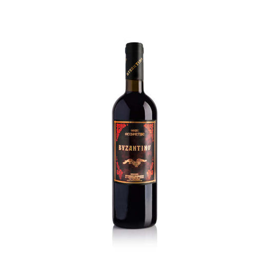 Nama Byzantino Greek sweet red wine in a dark 750ml bottle with a black and gold label featuring a double-headed eagle and Byzantino lettering