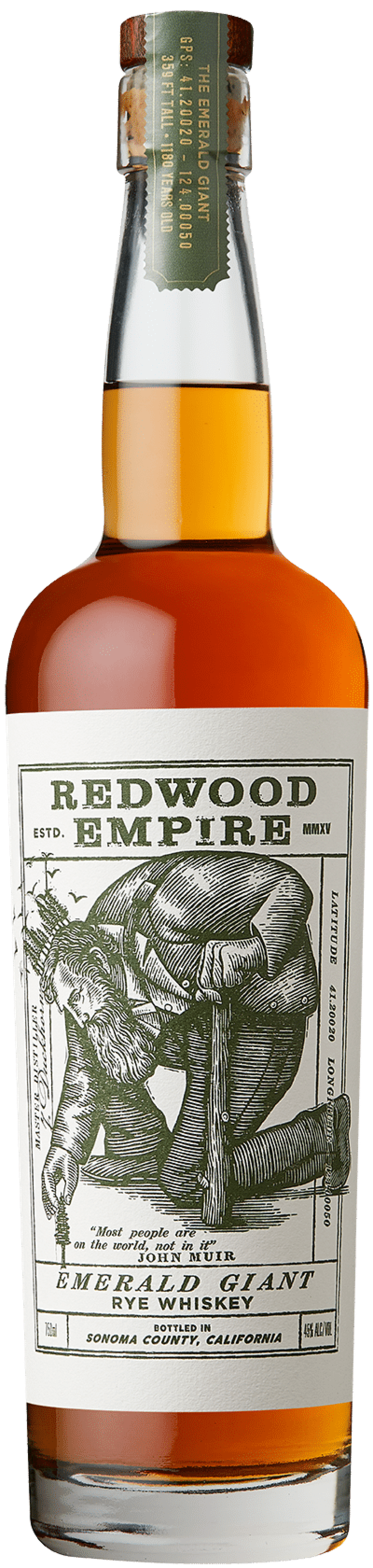 Redwood Empire Emerald Giant Rye Whiskey 750mL, 92% Rye, 97 Points, at 90 Proof