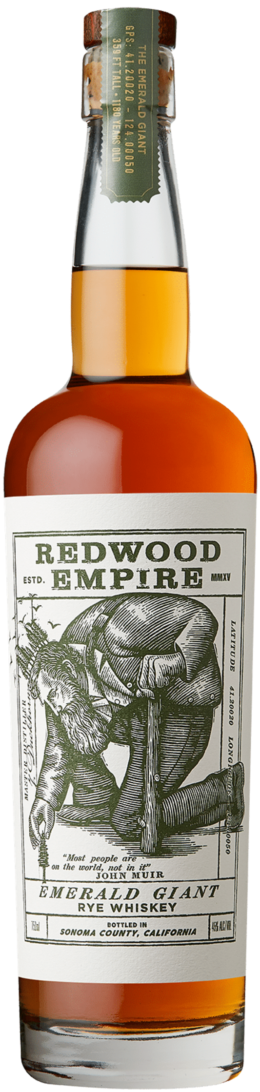 Redwood Empire Emerald Giant Rye Whiskey 750mL, 92% Rye, 97 Points, at 90 Proof