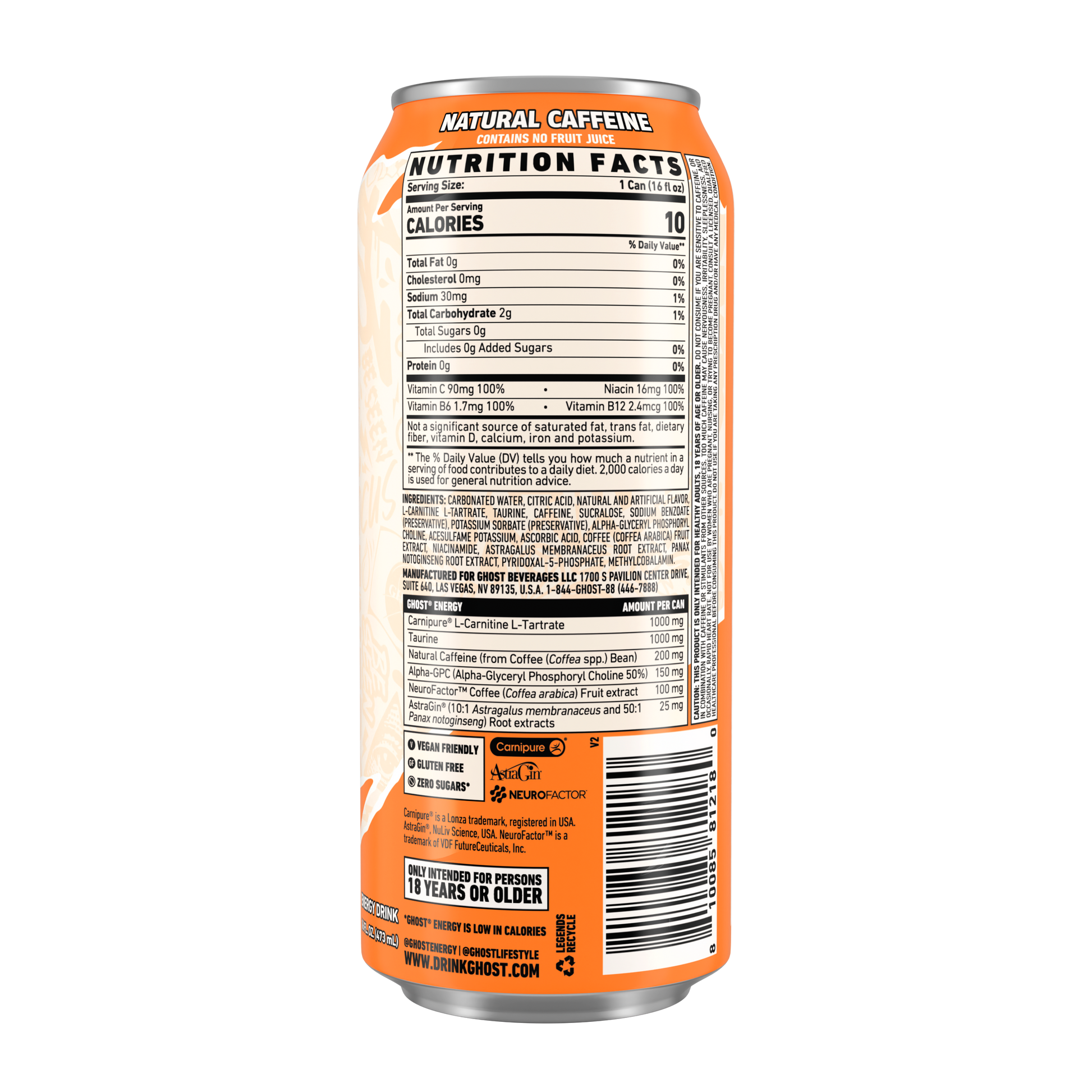 Ghost Zero Sugar Energy Drink, Orange Cream, 16 fl oz can