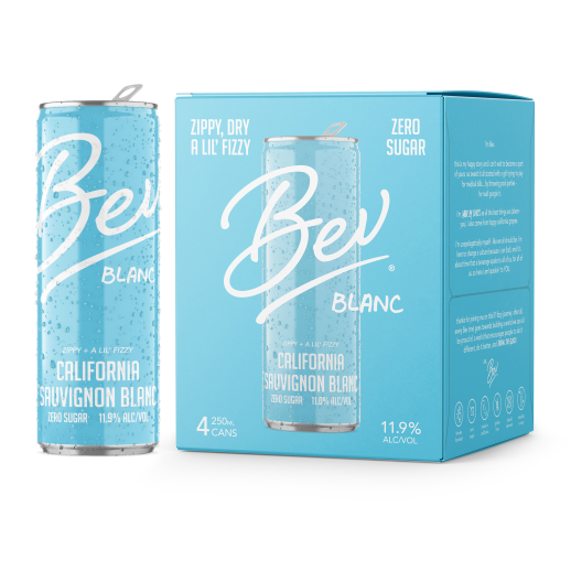 Bev Blanc sparkling Sauvignon Blanc 250ml can next to its light blue four-can package