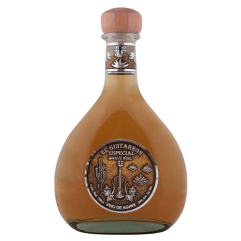 El Guitarron Especial Agave Wine in a rounded teardrop-shaped bottle with a natural wood cork top and a circular medallion label featuring cactus and guitar artwork over golden agave spirit