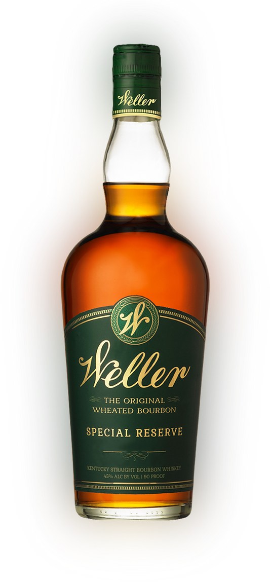 Bottle of Weller Special Reserve, The Original Wheated Kentucky Straight Bourbon Whiskey, with its dark green and gold label