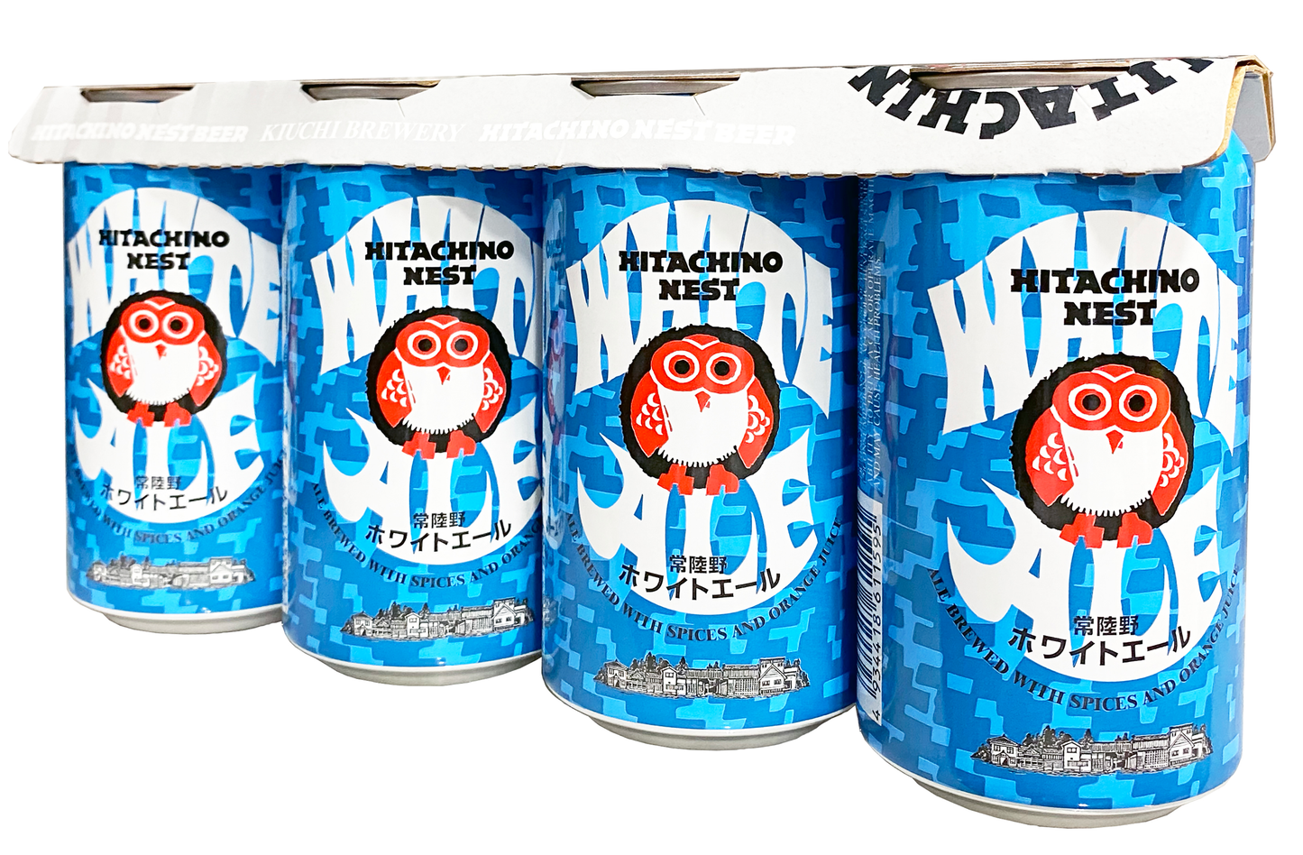 Multipack of Hitachino Nest White Ale cans in bright blue packaging featuring the brand's red owl logo, a Belgian-style witbier brewed with spices and herbs in Japan