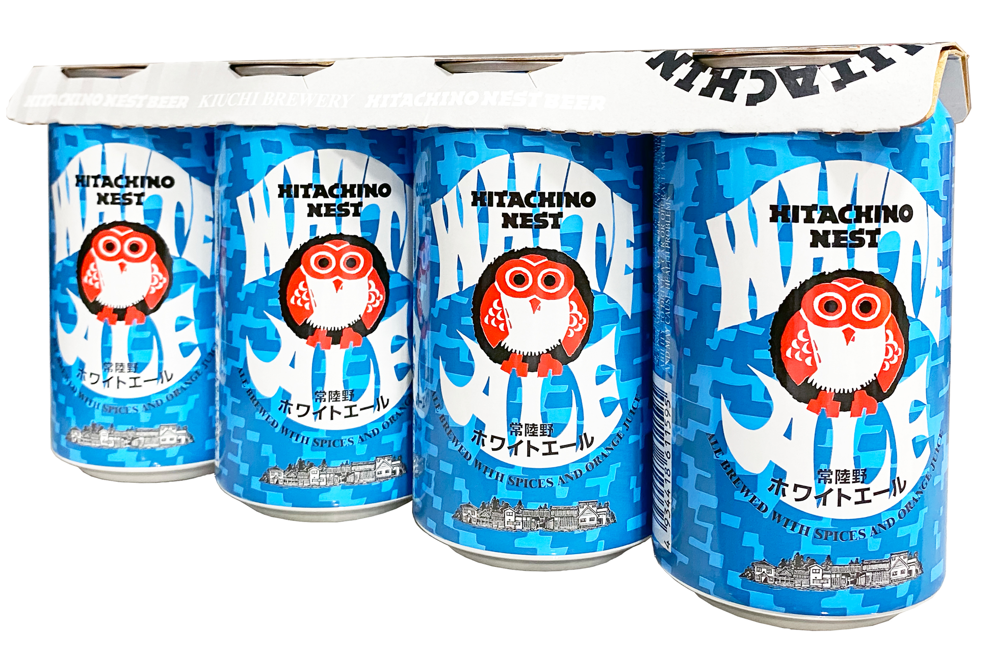 Multipack of Hitachino Nest White Ale cans in bright blue packaging featuring the brand's red owl logo, a Belgian-style witbier brewed with spices and herbs in Japan