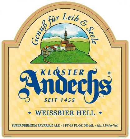 Kloster Andechs Weissbier Hell label featuring an arched illustration of the hilltop Andechs monastery, marking this Super Premium Bavarian Hefeweizen wheat ale in 500ml