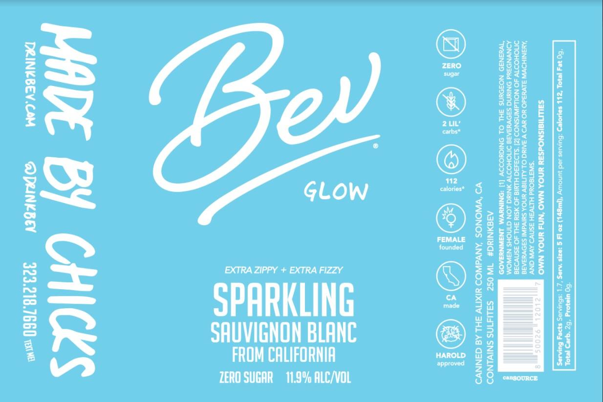 Bev Glow sparkling Sauvignon Blanc can label artwork reading Made by Chicks, zero sugar, from California