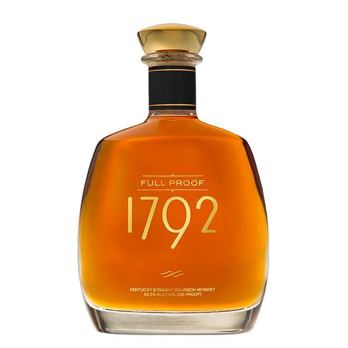1792 Full Proof Kentucky Straight Bourbon Whiskey in a broad clear 750ml bottle of amber bourbon with a gold cap and gold Full Proof 1792 lettering on the glass