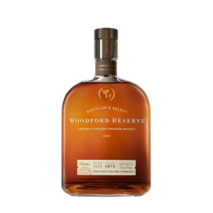Woodford Reserve Kentucky Straight Bourbon Whiskey in a rounded clear glass bottle of amber bourbon with a brown cap and a cream label reading Distiller's Select