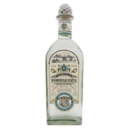 Bottle of Fortaleza Blanco Tequila 750ml with its signature glass agave-pina stopper and detailed estate label