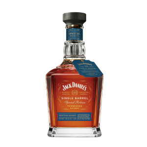 A bottle of Jack Daniel's Single Barrel Tennessee Rye Whiskey with a red label and a blue and white cap.