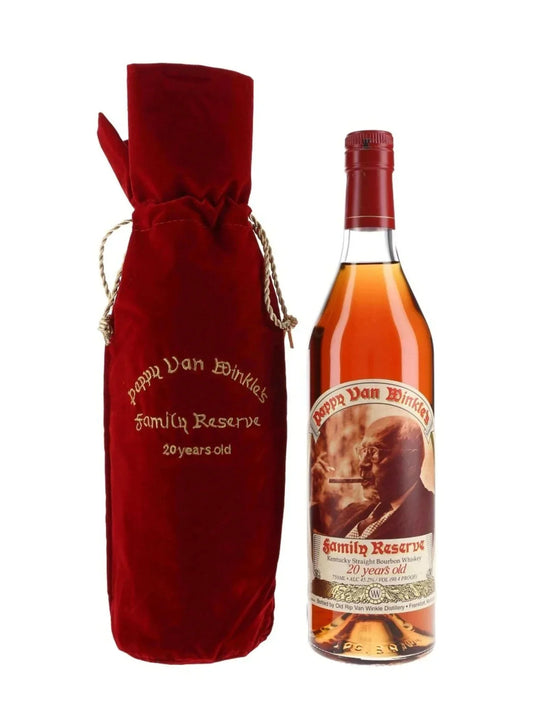 Pappy Van Winkle's 20 Year Old Family Reserve Kentucky Straight Bourbon 750ml bottle with portrait label, shown beside its red velvet drawstring gift bag